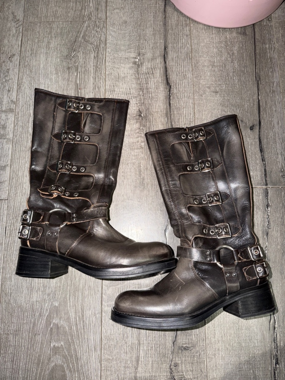 Brown Buckle distressed Mid-Calf Leather Boots by Steve Madden Rocky boots